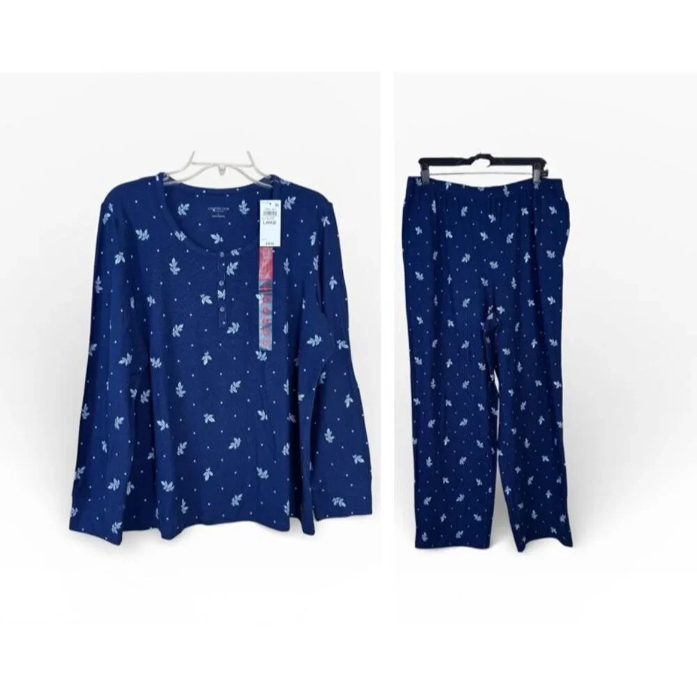 Charter Club Intimates NEW Pajama 2 Piece Set Women's Lrg Blue Long Sleeve Soft